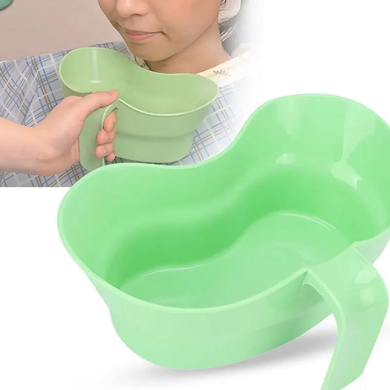 Green plastic gargle cup for bedridden elderly patient oral hygiene assistance