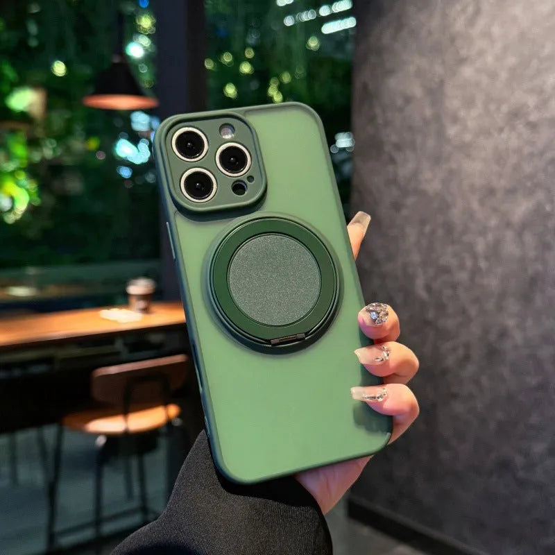 Magnetic suction pivot phone case with invisible bracket for iPhone 14 15 16 in transparent frosted TPU PC