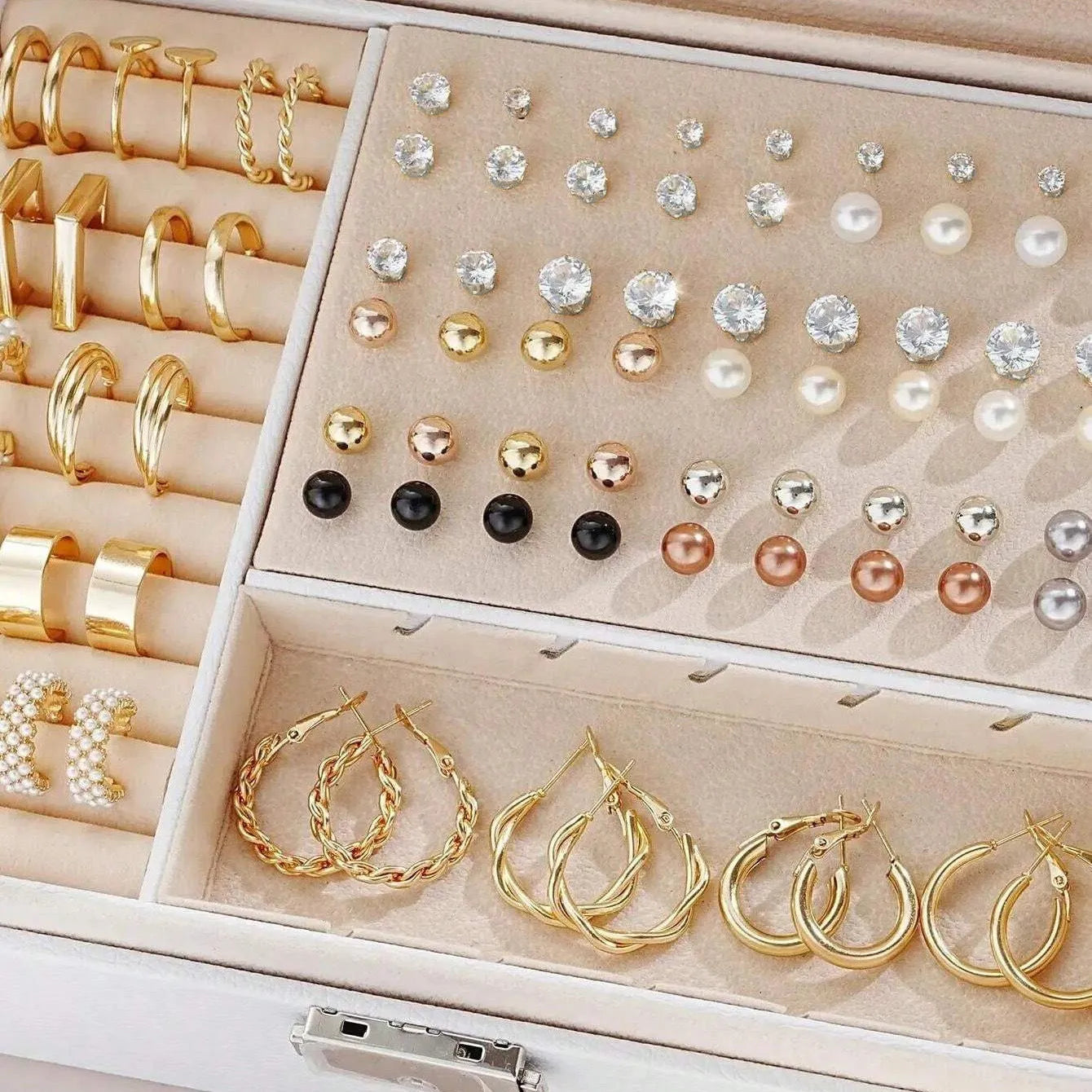 108-piece geometric pearl earring set with gold and yellow electroplated finishes