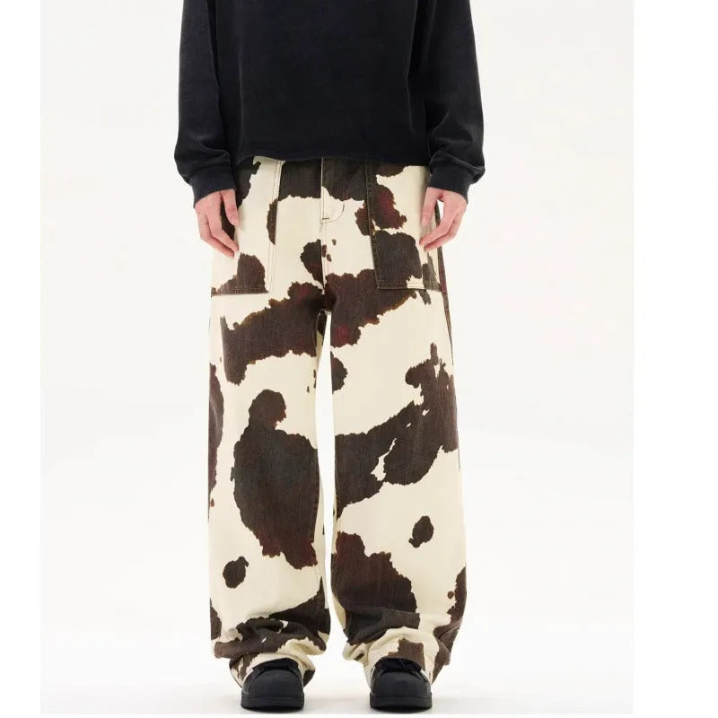 Men's straight-leg casual trousers with American retro cow pattern print in 7698 colour