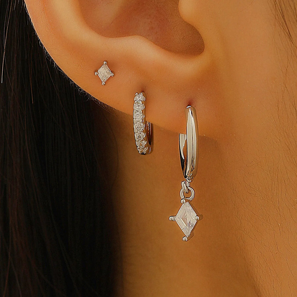 Ladies three-piece zircon earring set with geometric rhombus designs in gold and white colours