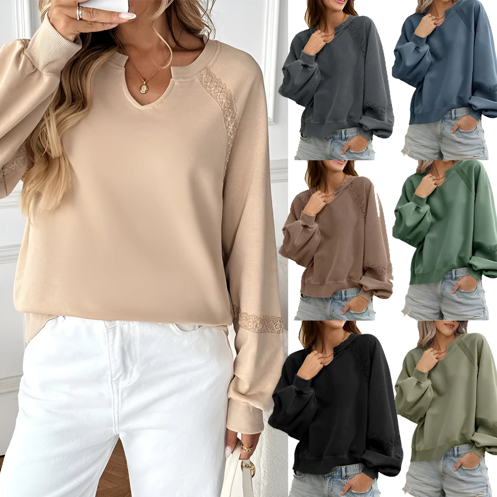 Women's loose fit sweater with half-open lace collar in seven solid colour options