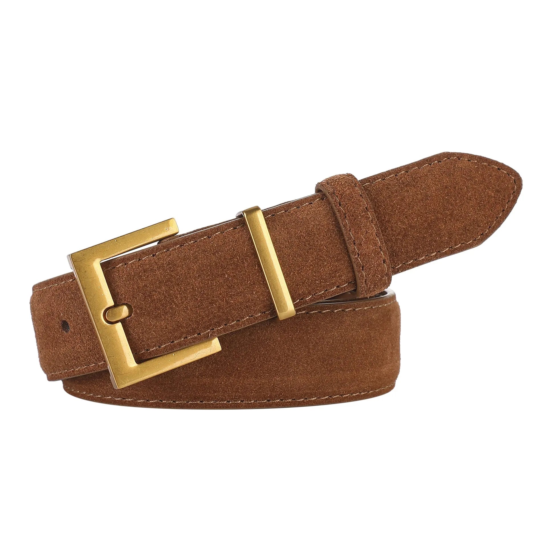 Ladies' black genuine leather belt with a silver alloy quadrilateral pin buckle on a white background.
