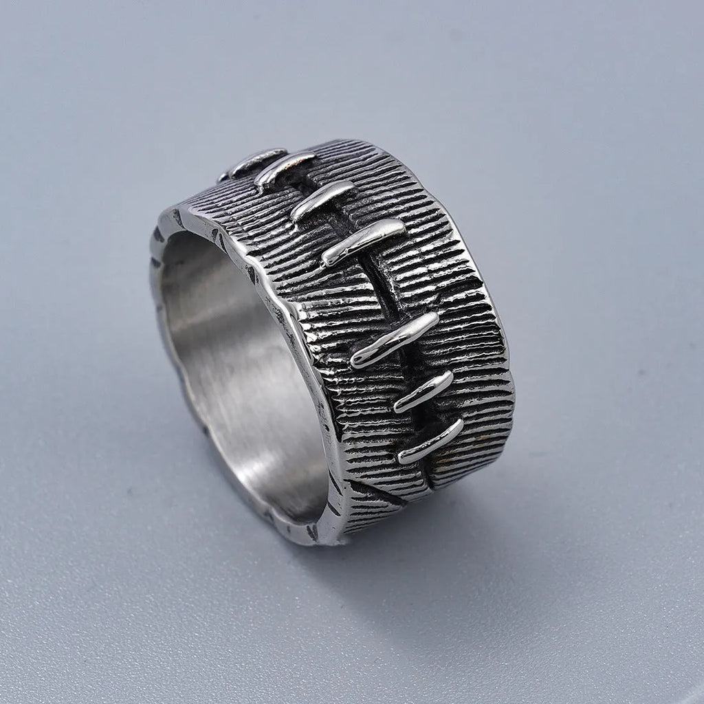 Dark punk titanium steel ring with geometric U-shape and stitched double ring design