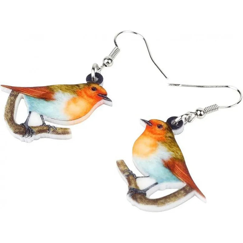 Blue titmouse bird acrylic pendant earrings with geometric animal zodiac design