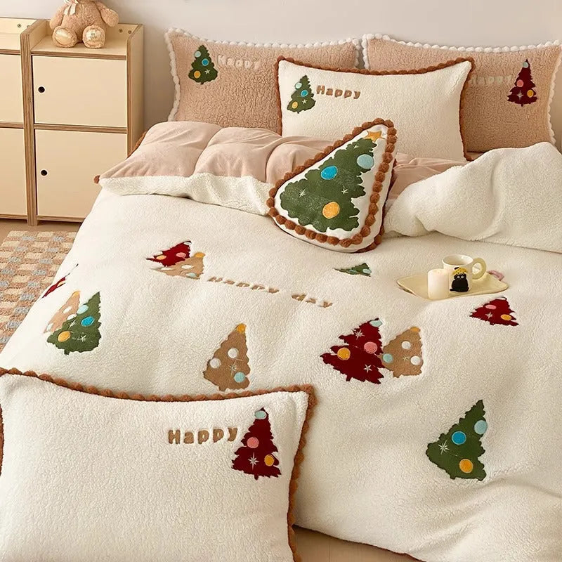 Bright yellow fleece-lined bedding set with cartoon Winter Christmas tree pattern