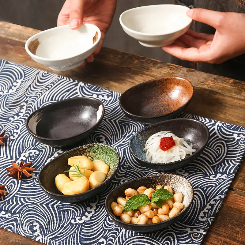 Oval Japanese ceramic dipping bowl with underglaze decorative pattern for sauces