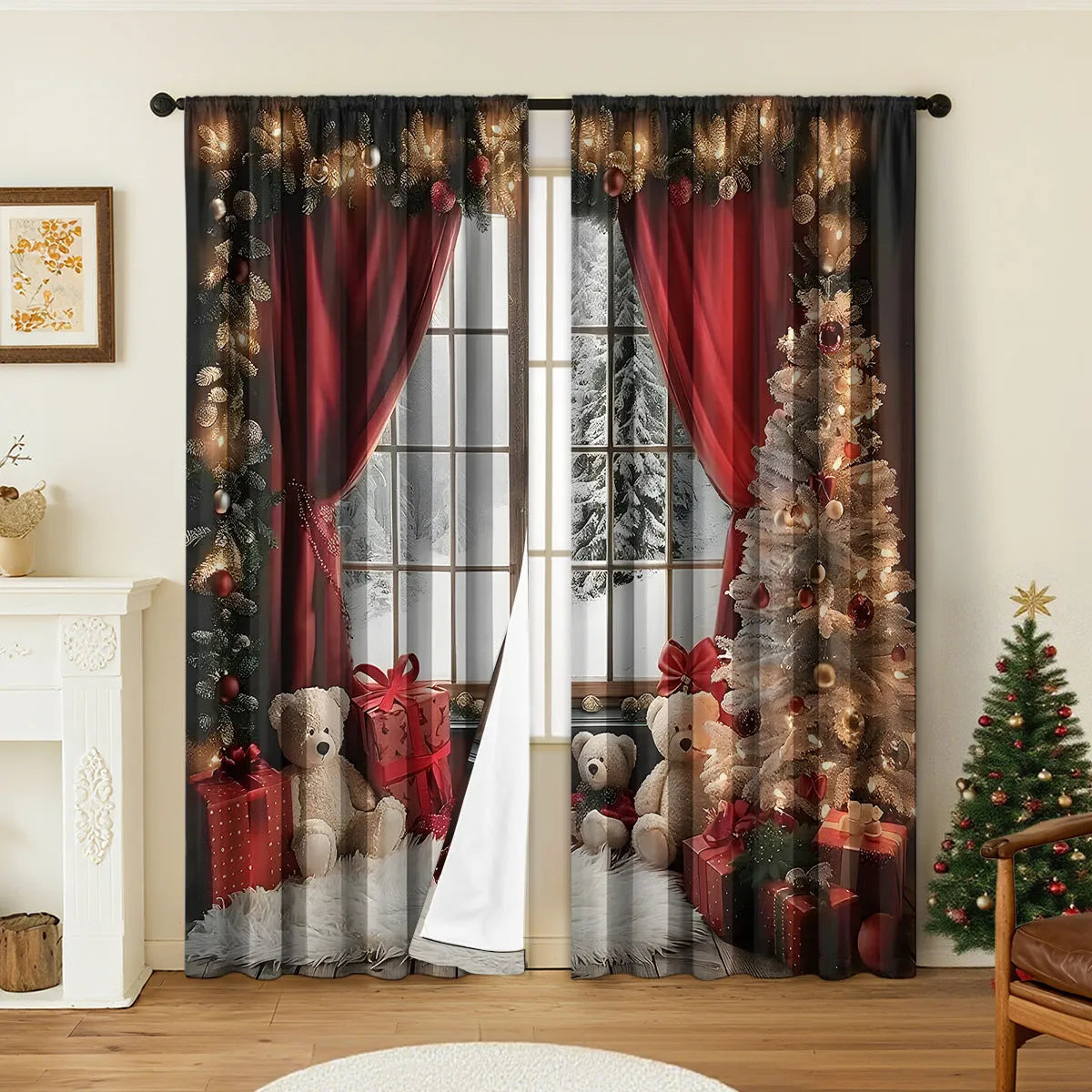 3D digitally printed Christmas style curtain pair in polyester with high sunshade function