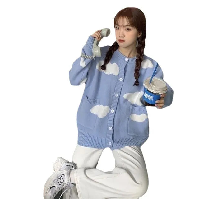 Blue cloud pattern women's loose cardigan sweater with long sleeves.