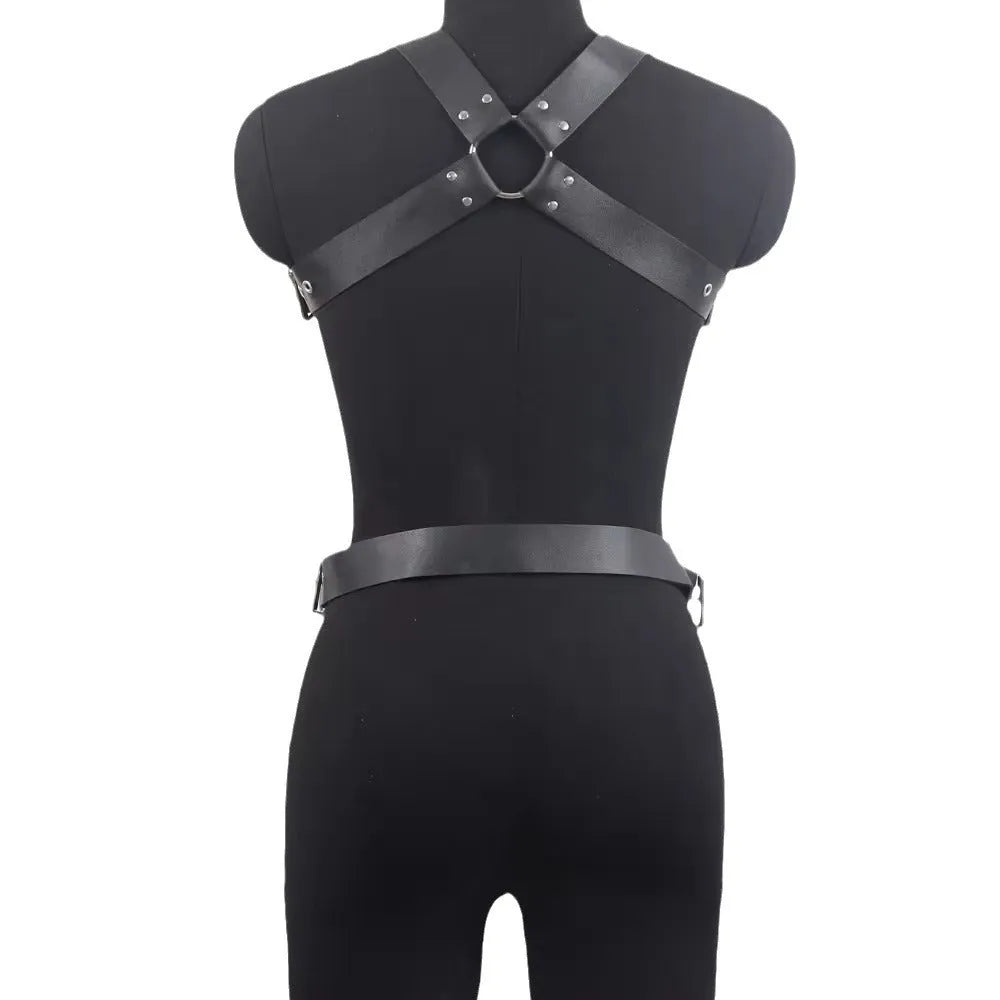 Black patent leather shapewear body suit with a thin adjustable belt and pin buckle fastening.