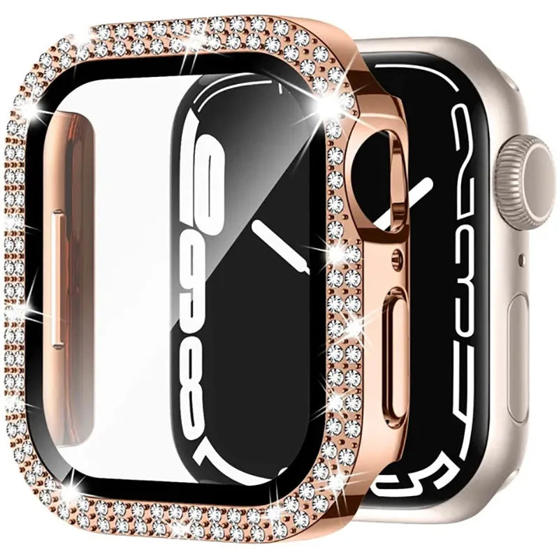Apple Watch case with Double Diamond Glass privacy screen in Rose Pink colour for a 44mm model.
