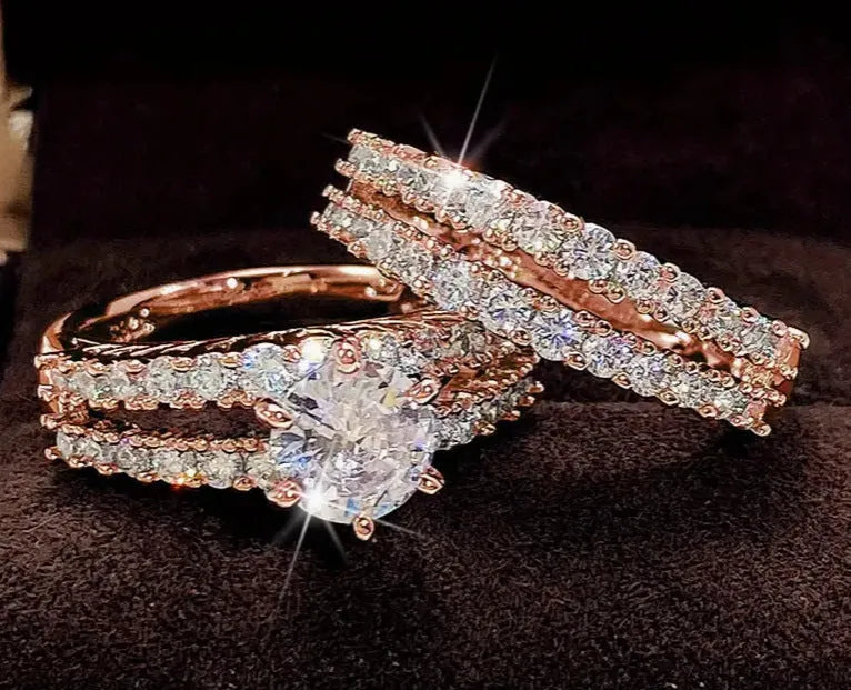 2 in 1 female fashion ring set with diamond treatment in silver, gold, and rose gold finishes