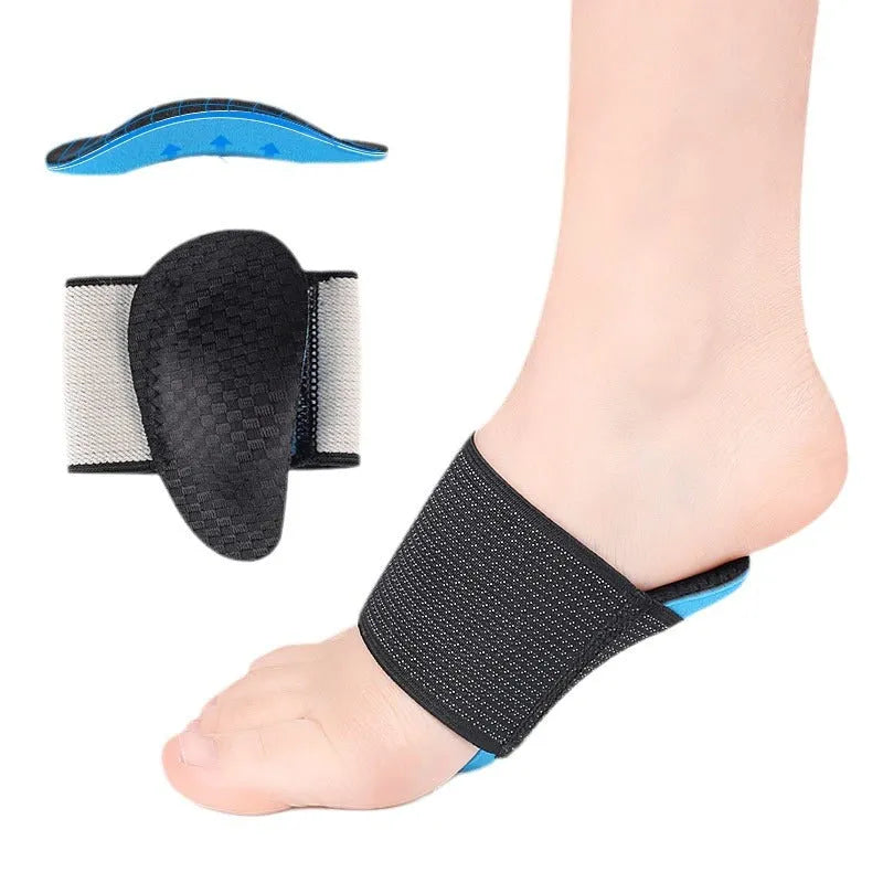 Blue elastic bandage arch support foot pads for flat feet, shown in adult and children sizes.