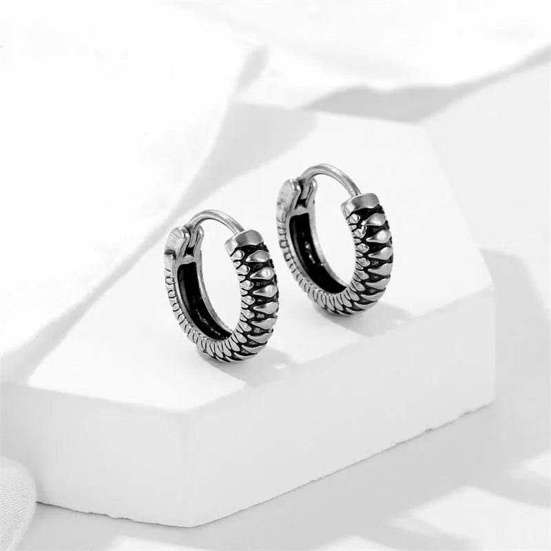 Silver geometric striped titanium steel earrings with round elements in retro sports style
