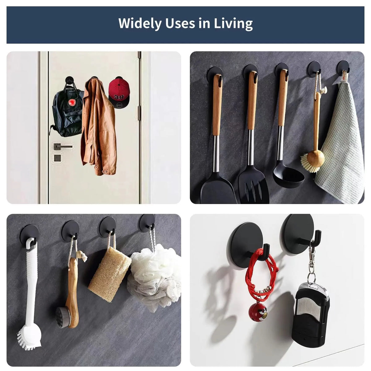 Pair of round stainless steel self-adhesive hooks, one black sanded and one polished, for bathroom or kitchen wall mounting.