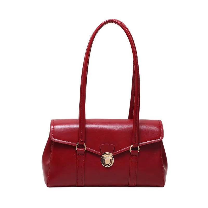 Retro PU underarm document tote bag for women in brown with sewing thread accent
