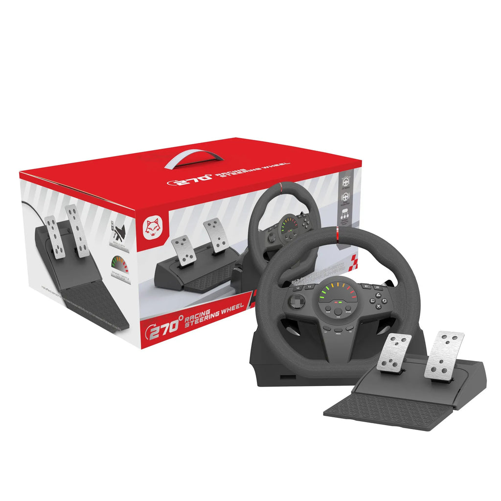 Black multi-platform racing game steering wheel with two pedals, paddle shifters, and LED display