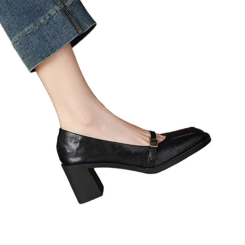 Women's retro square toe high heel pumps in black or dark brown with buckle fastening, sizes 35 to 40