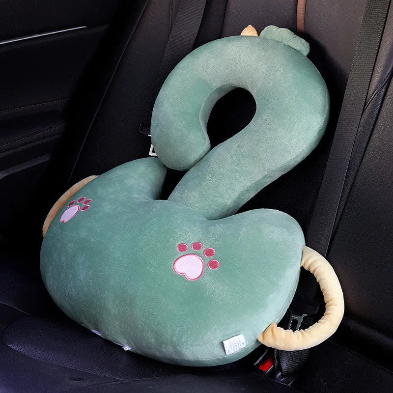 Square cartoon animal hug pillow cushion in capybara design, 65cm, on a grey sofa.