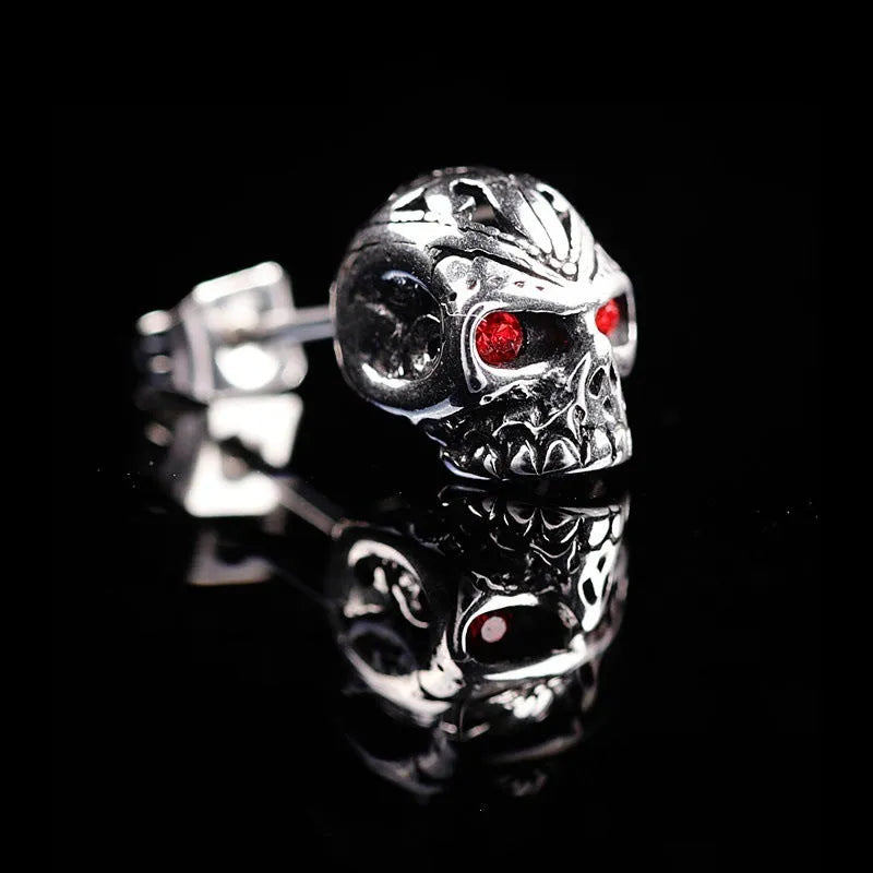 Retro skull stud earrings with red eye detailing and alloy ghost head design