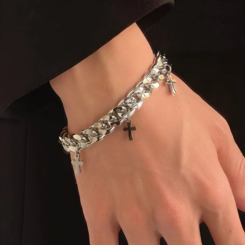 Men's titanium steel bracelet with geometric cross design in dark colour