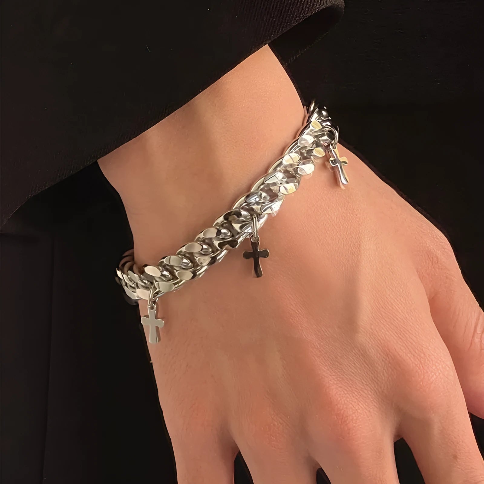 Men's titanium steel bracelet with geometric cross design in dark colour