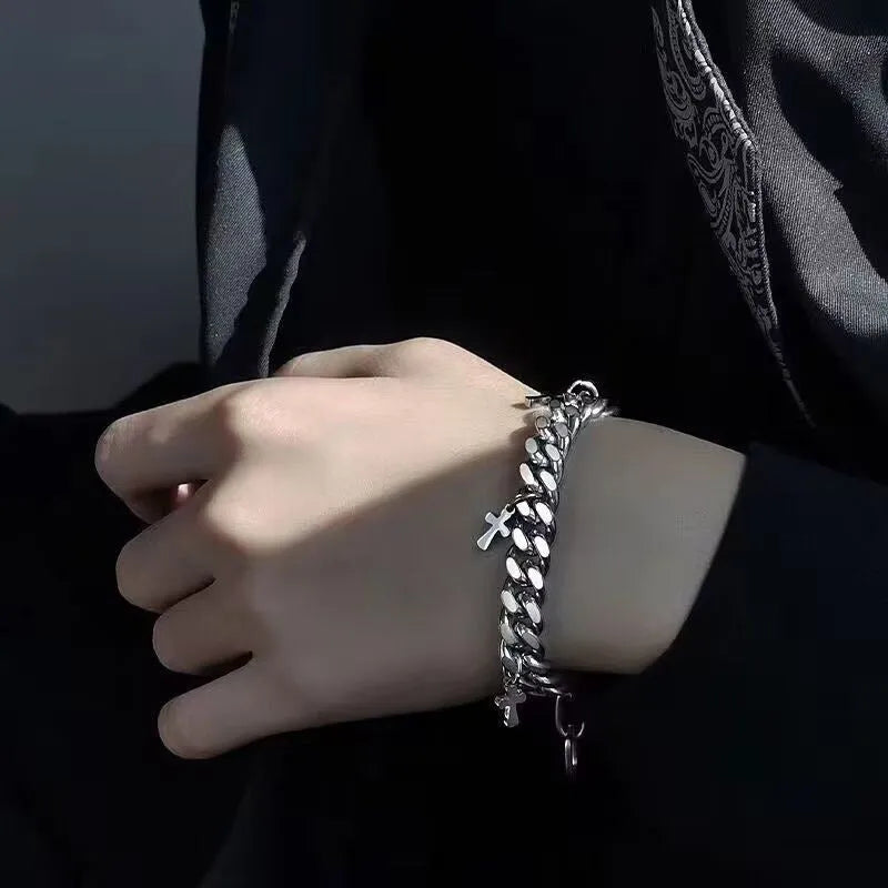 Men's titanium steel bracelet with geometric cross design in dark colour