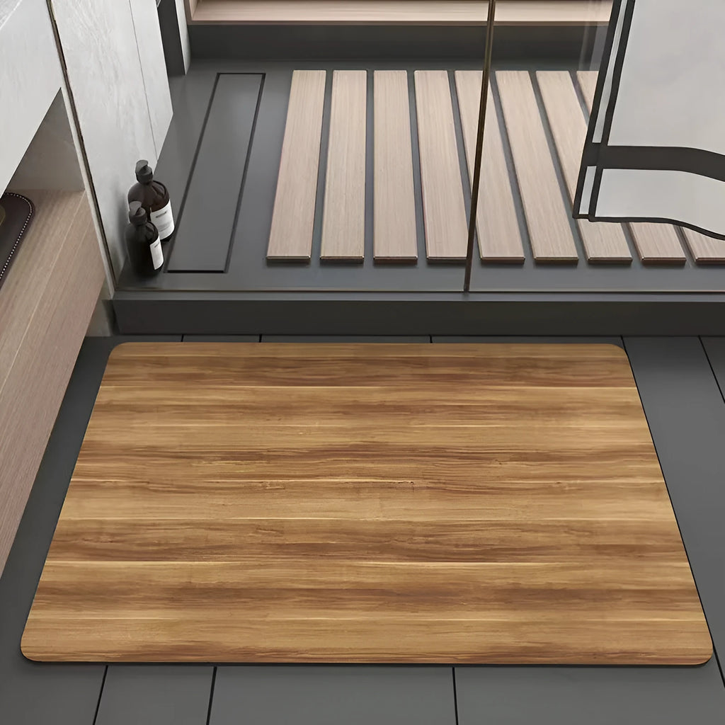 Square diatomaceous earth bathroom floor mat with wood grain pattern on bathroom tiles