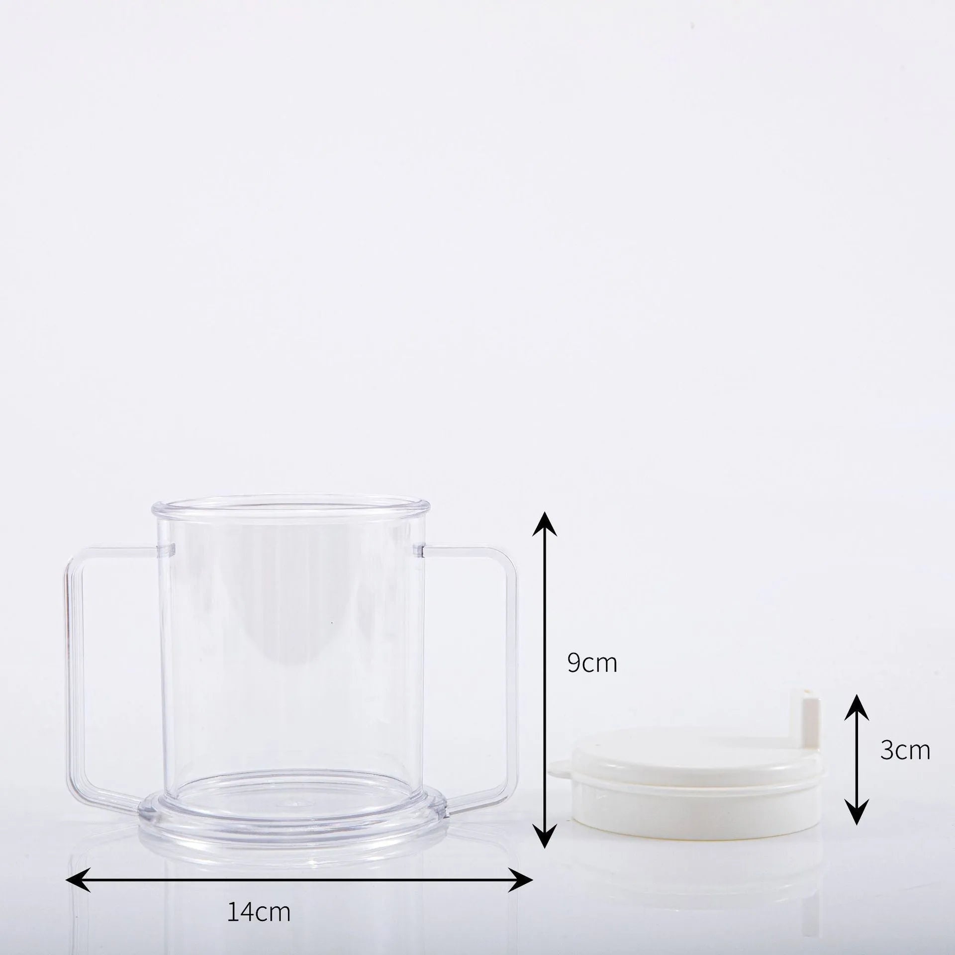 Clear transparent plastic spill-proof drinking cup with modern design.