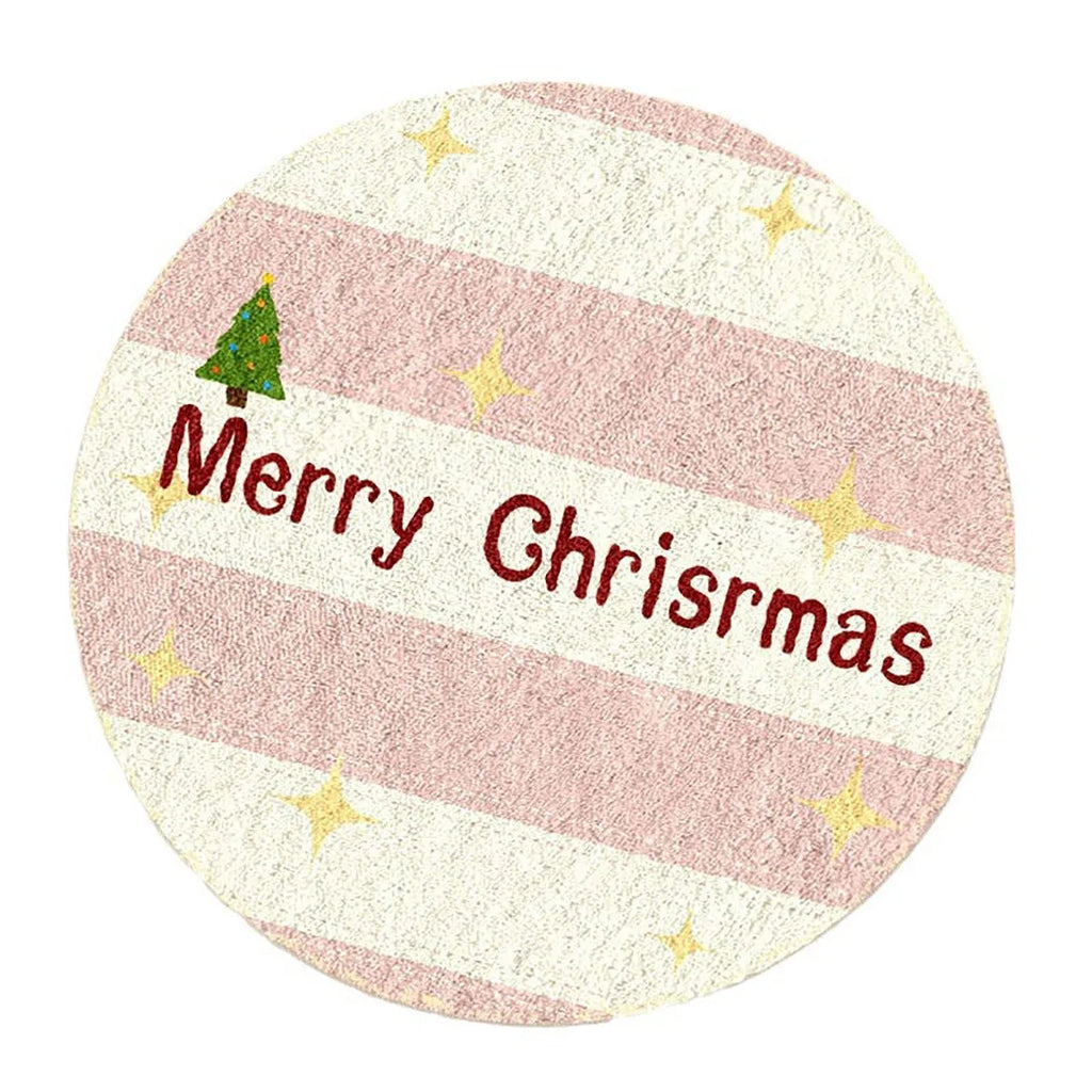 Round red and green Christmas floor mat with gingerbread man and stocking design on imitation cashmere material