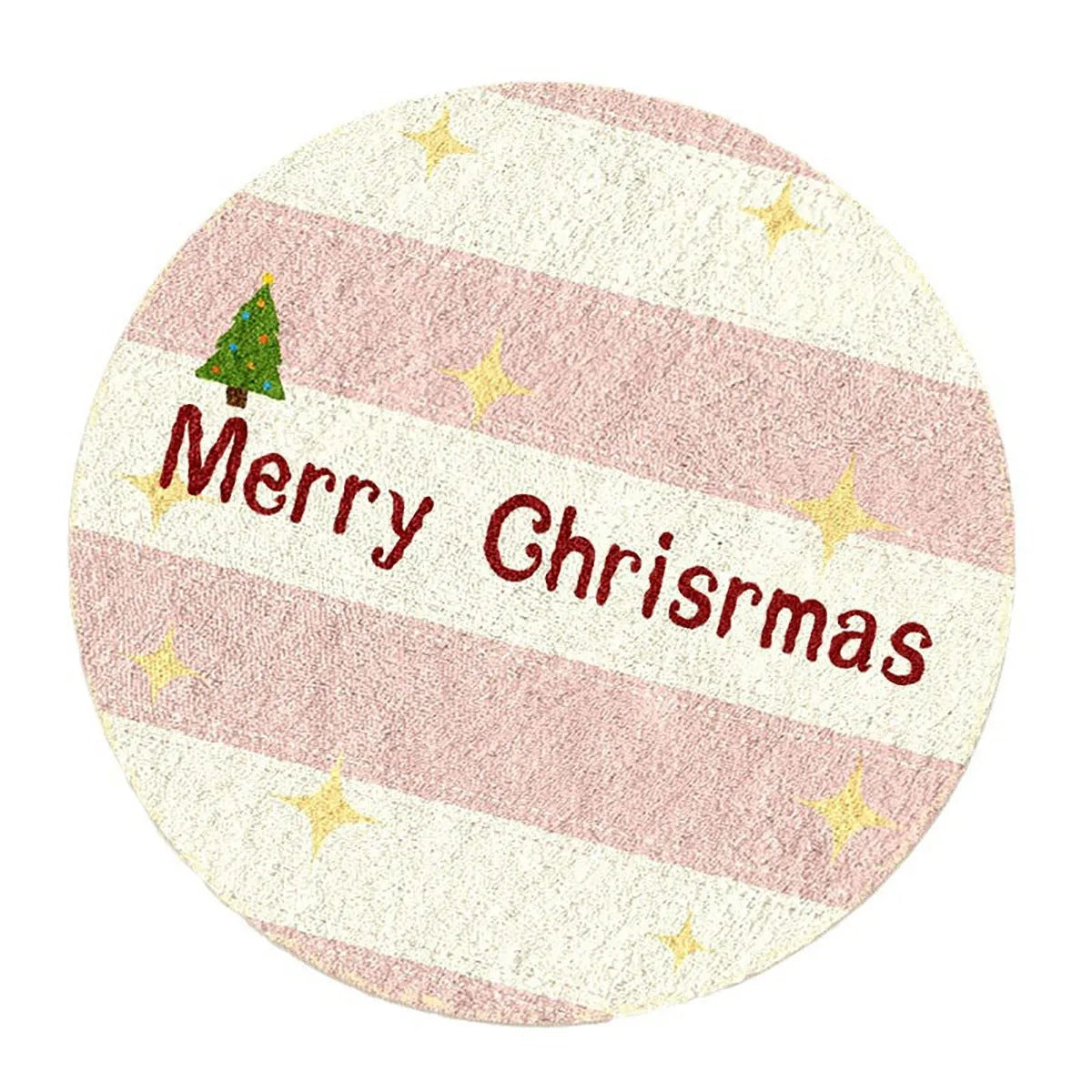 Round red and green Christmas floor mat with gingerbread man and stocking design on imitation cashmere material