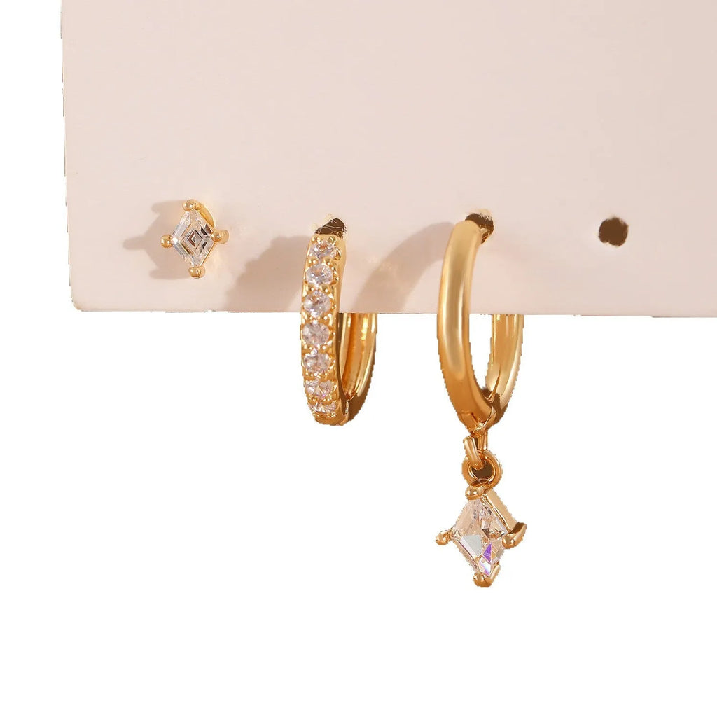 Ladies three-piece zircon earring set with geometric rhombus designs in gold and white colours