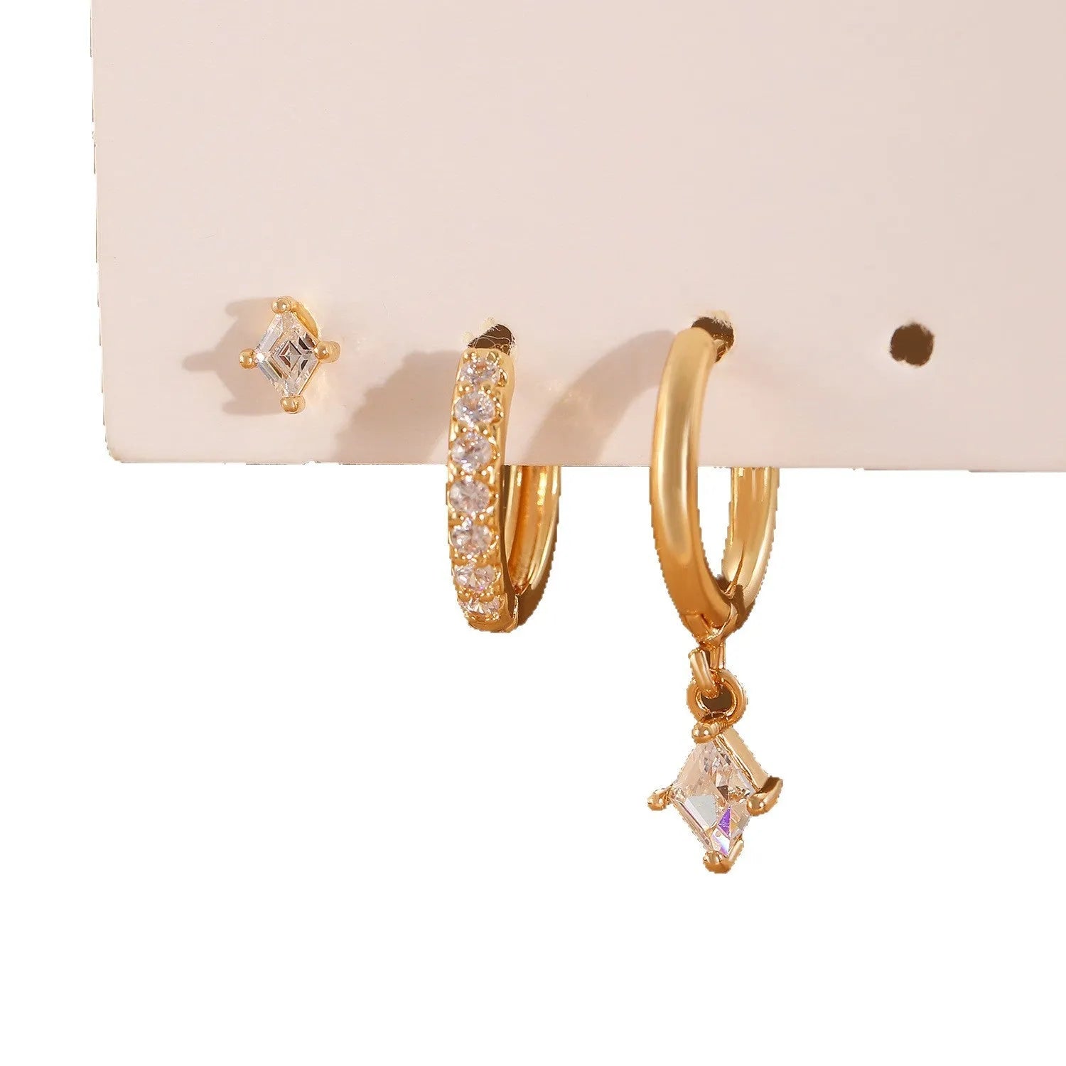 Ladies three-piece zircon earring set with geometric rhombus designs in gold and white colours
