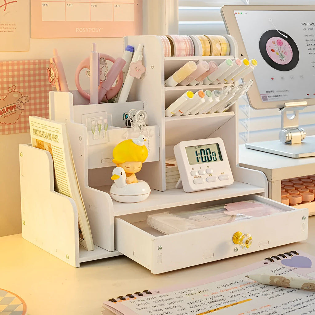 Square plastic pen storage box with multiple grid compartments for organising pens and pencils