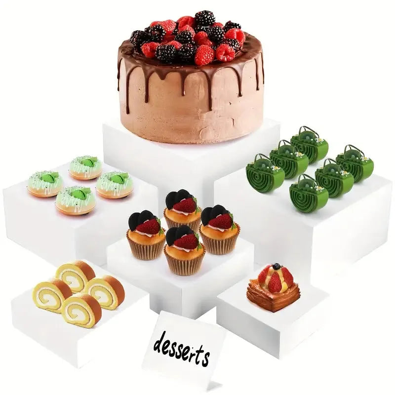 White Suit Cube plastic dessert display stand with multiple tiers for cake shop presentation