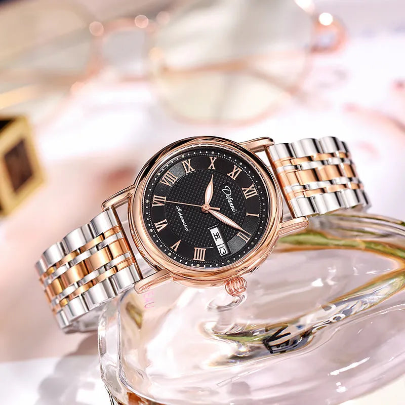 Women's automatic mechanical watch with stainless steel bracelet or leather strap, 12mm thick case.