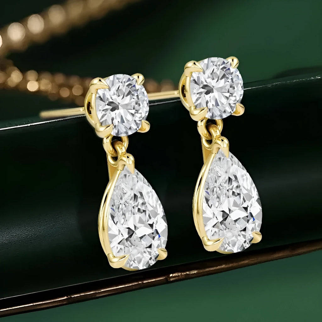 925 sterling silver geometric moissanite stud earrings with round and water drop stones in gold or silver plating