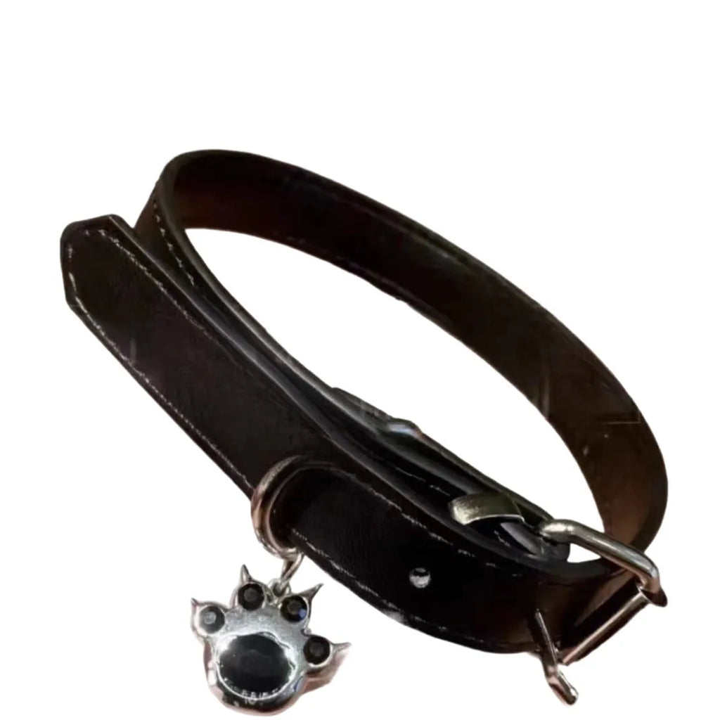 Black adjustable dog collar with choice of LD leather, cute bone, or cat paw decorative style.
