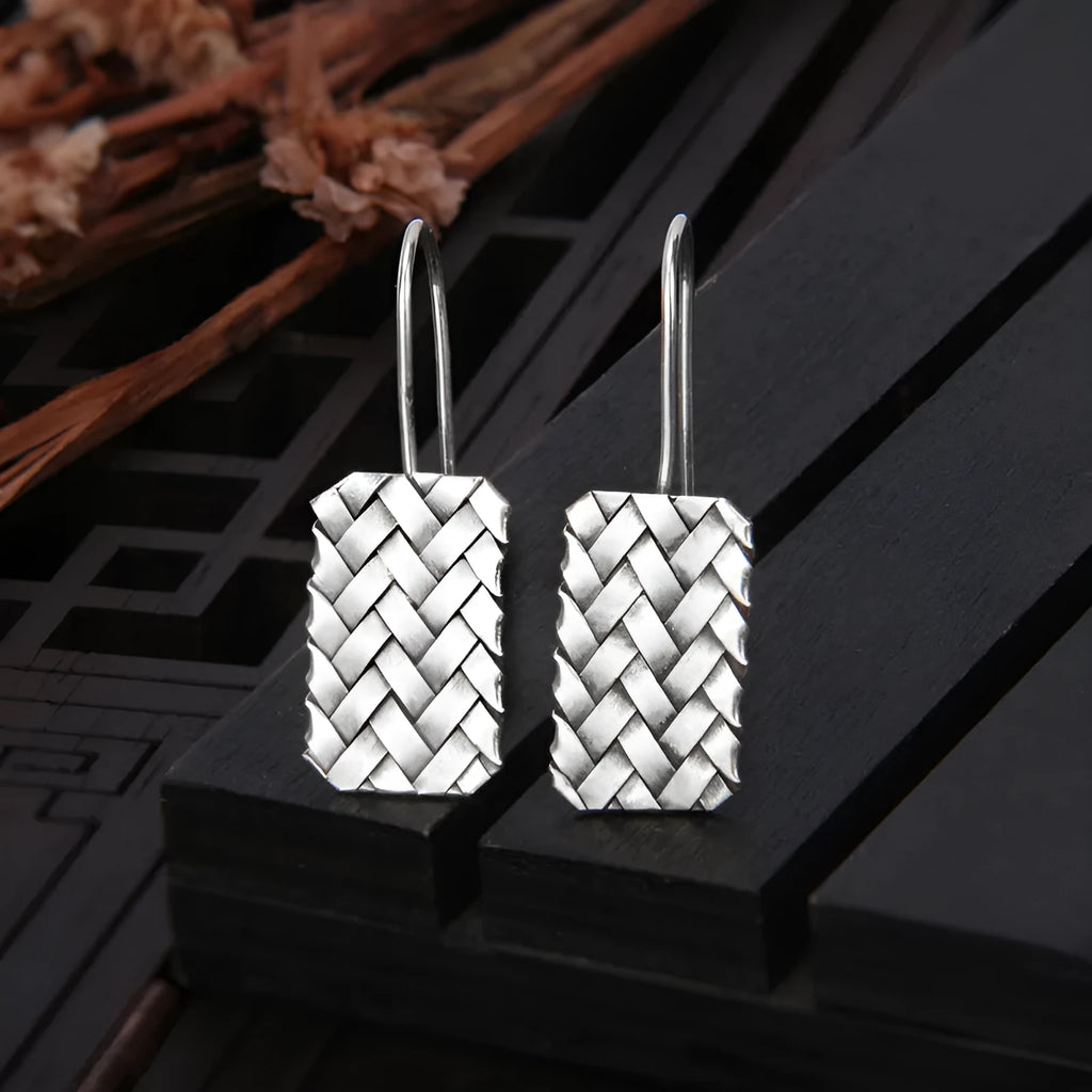 Silver geometric woven diamond plaid earrings with 925 silver construction