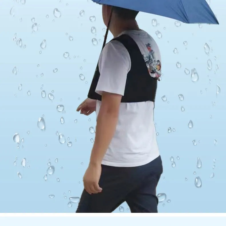 Black portable umbrella holder with shoulder strap for hands-free use with a 10-bone manual umbrella.