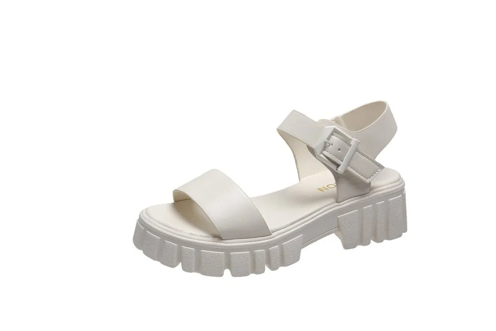 Women's beige ankle-strap buckle platform sandals with fish mouth peep toe design