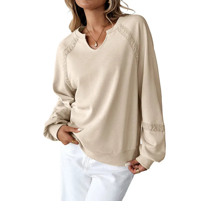 Women's loose fit sweater with half-open lace collar in seven solid colour options
