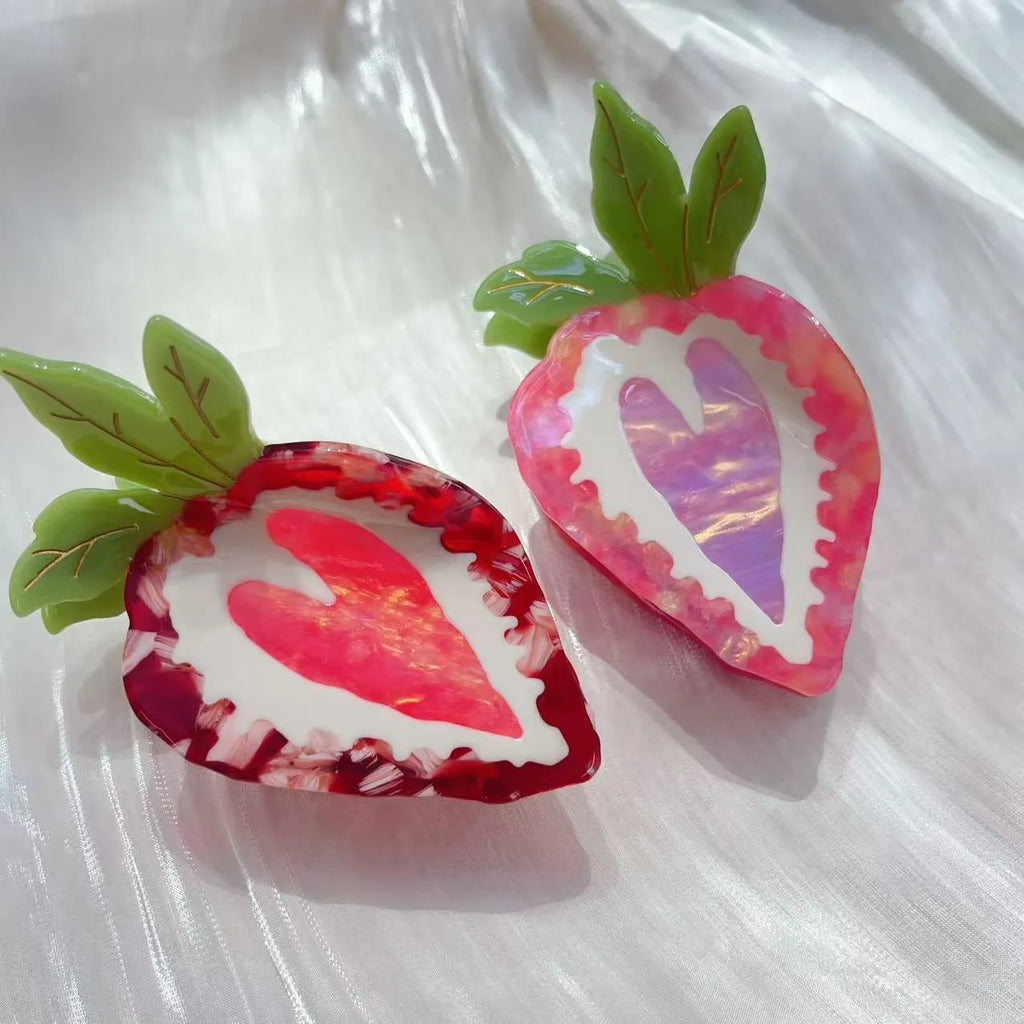 Handmade strawberry hair clip with pastoral fruit charm in red or pink colour options