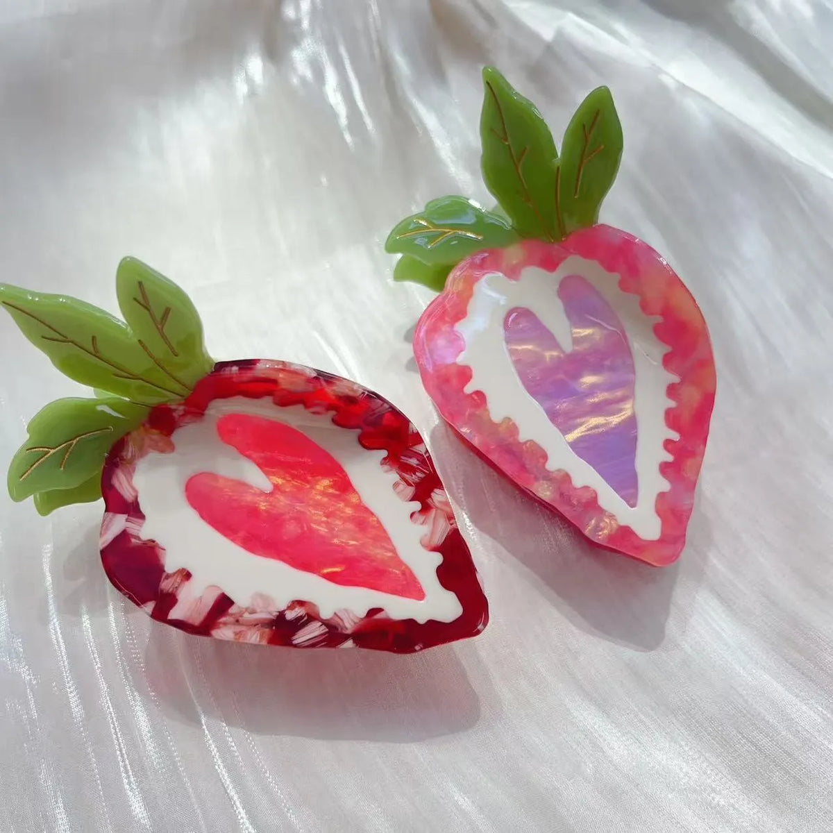 Handmade strawberry hair clip with pastoral fruit charm in red or pink colour options