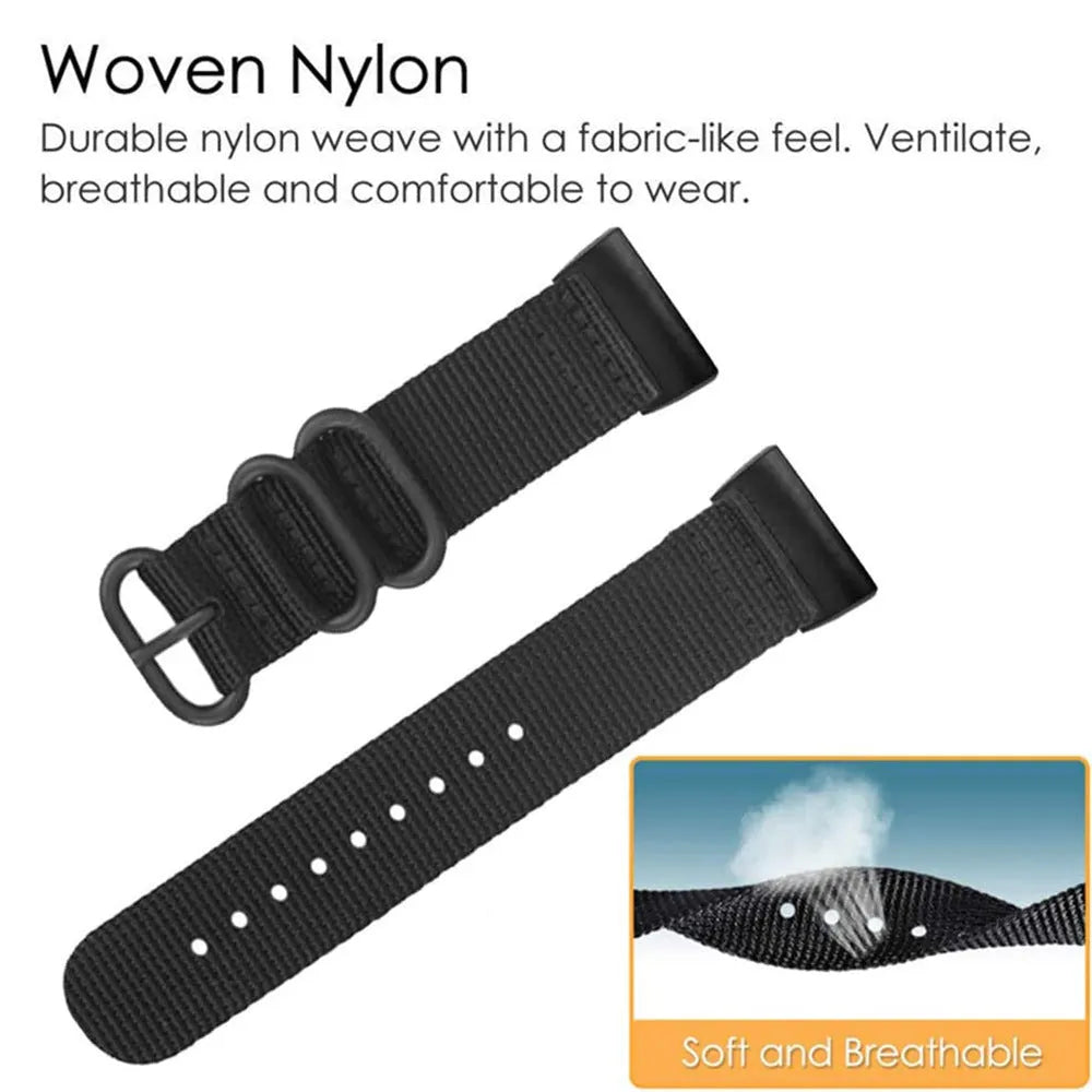 Fitbit Charge nylon replacement strap with three-ring buckle in multiple colour options.