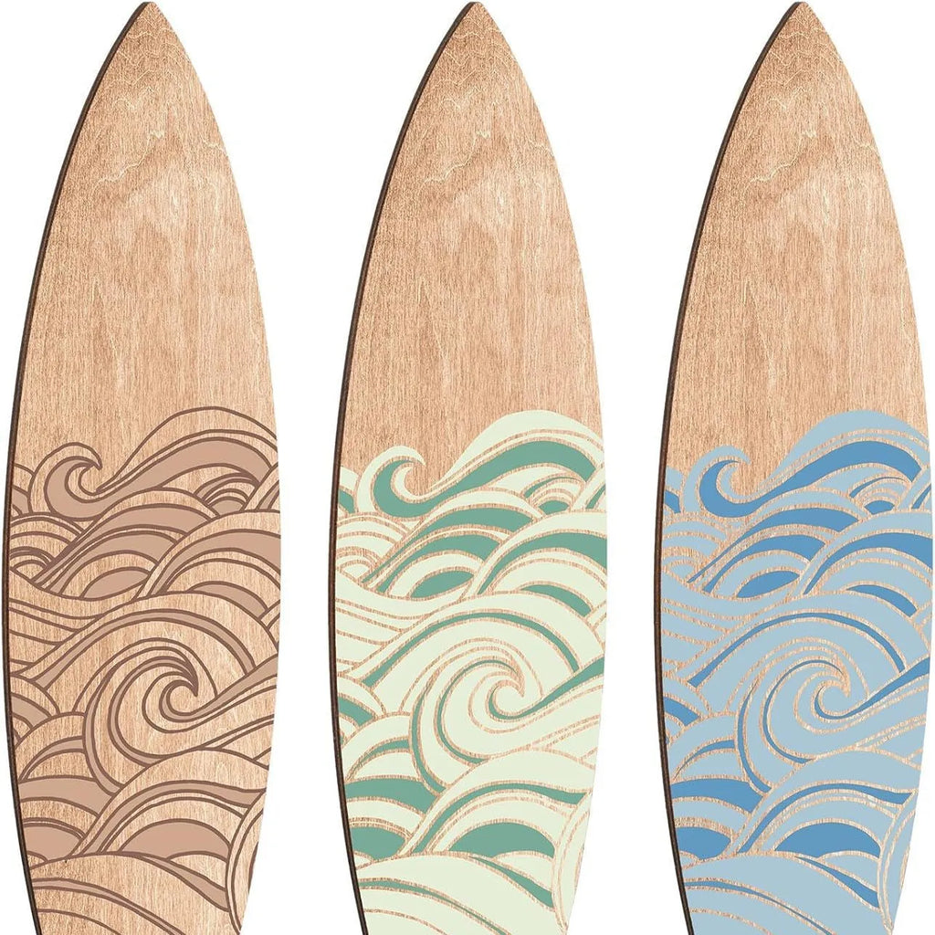Three identical wooden surfboard wall decorations made from boxwood for beach themed rooms