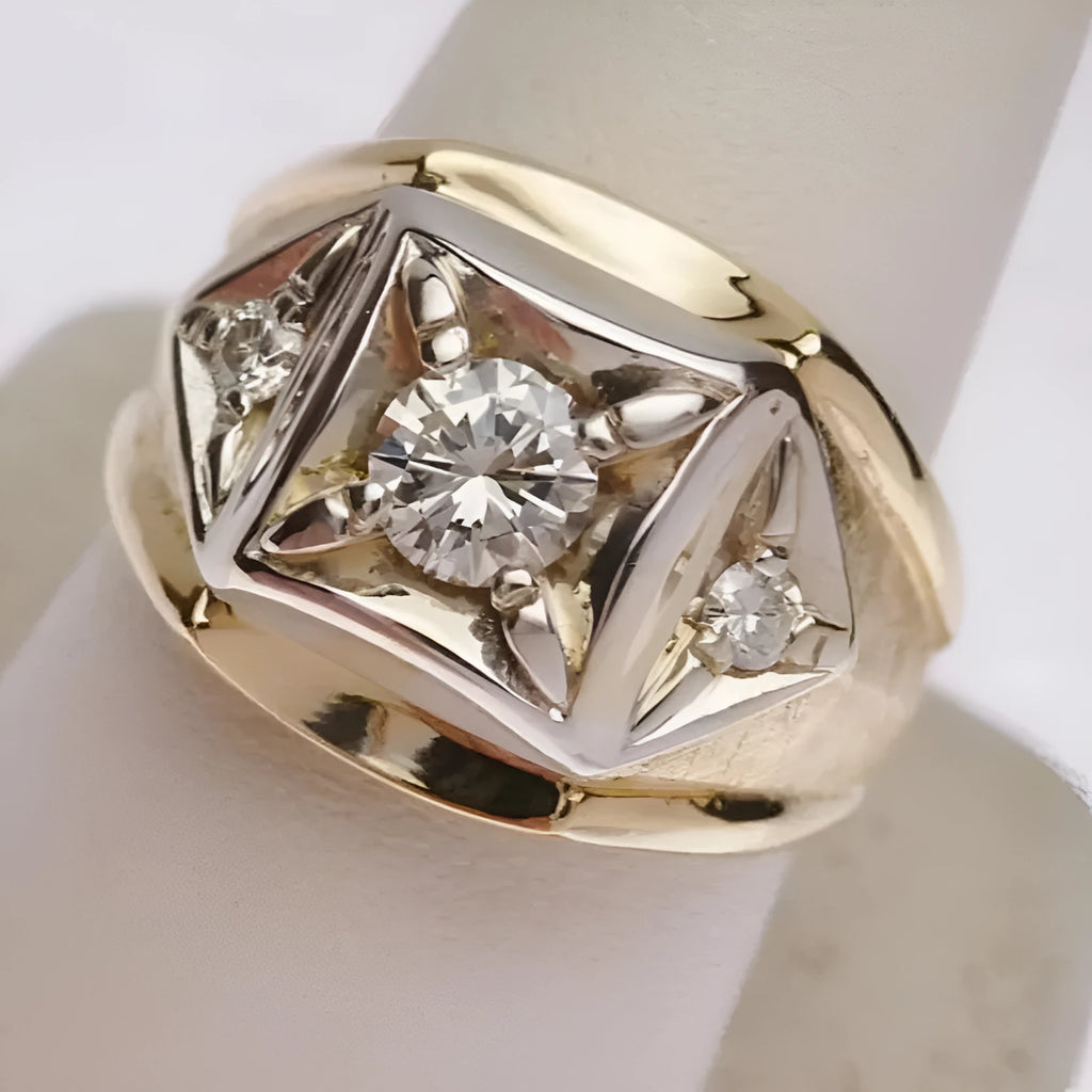 Geometric hollow copper couple rings with chamfered square pattern in gold colour finish