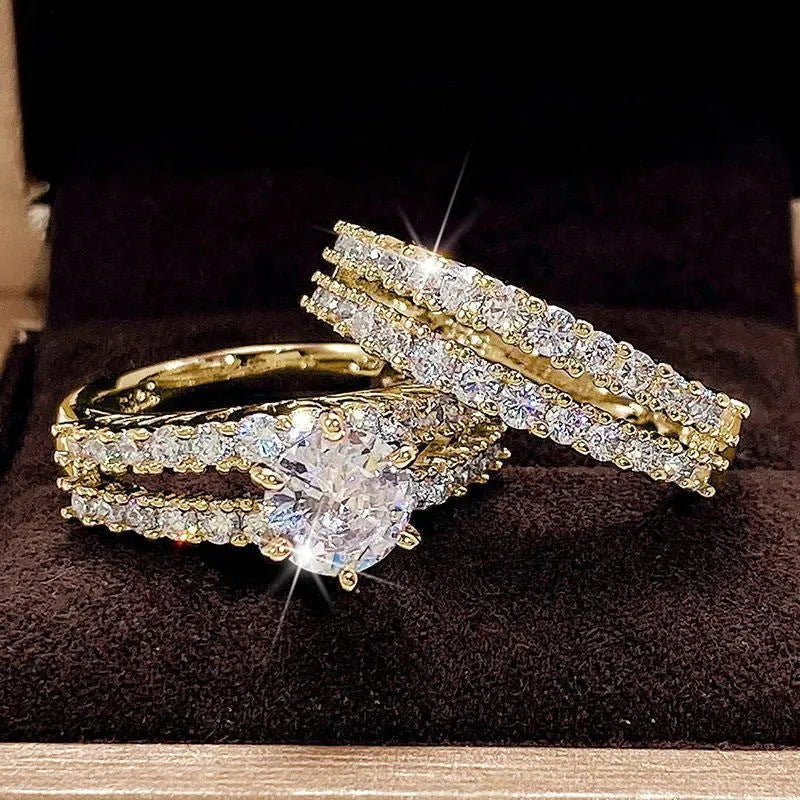 2 in 1 female fashion ring set with diamond treatment in silver, gold, and rose gold finishes