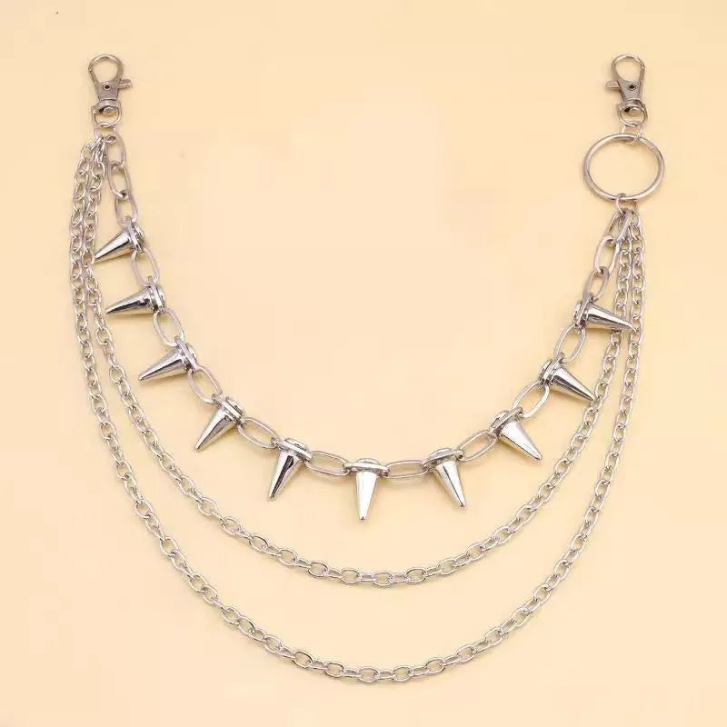 Silver punk fashion pants chain with double-layer rivet design measuring 115cm length