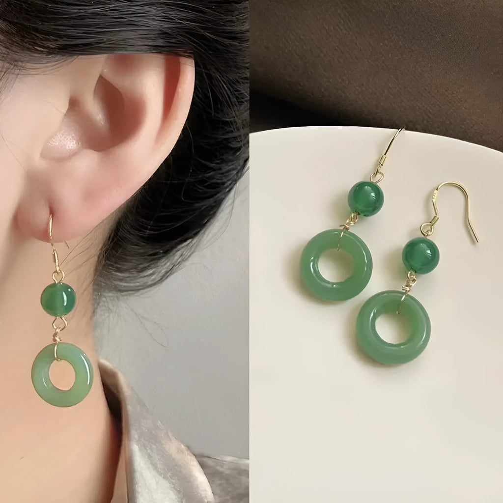 Geometric peace buckle earrings in jade green with 14K gold plating and Chinese cheongsam design